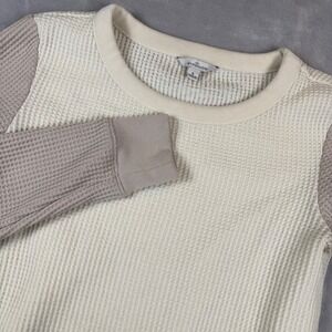 LL Bean SIGNATURE Women's Cream & Tan Waffle Knit Long Sleeve Top Size S*